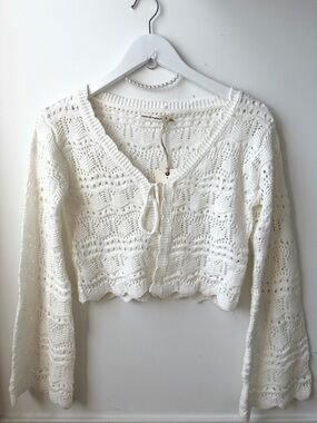White Crochet V-Neck Tie Top Sweater Shrug Flared Arms